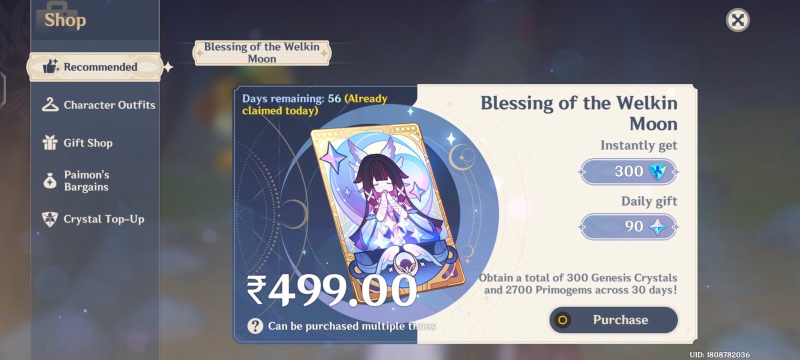 Genshin Impact - Blessing of the Welkin Moon [UID] photo review