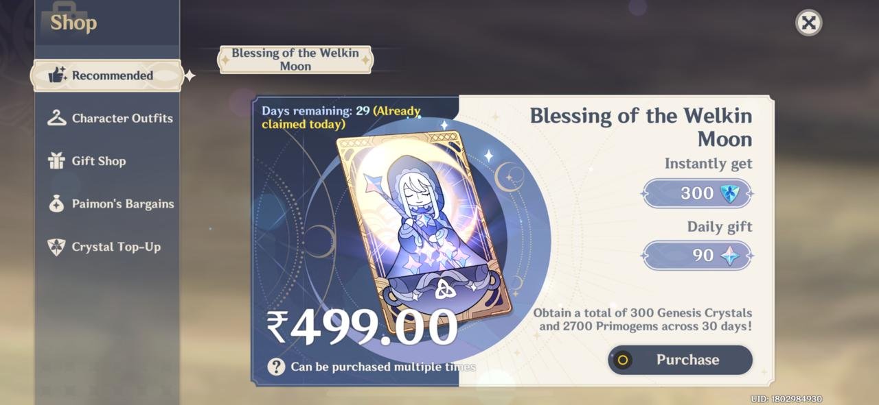 Genshin Impact - Blessing of the Welkin Moon [UID] photo review