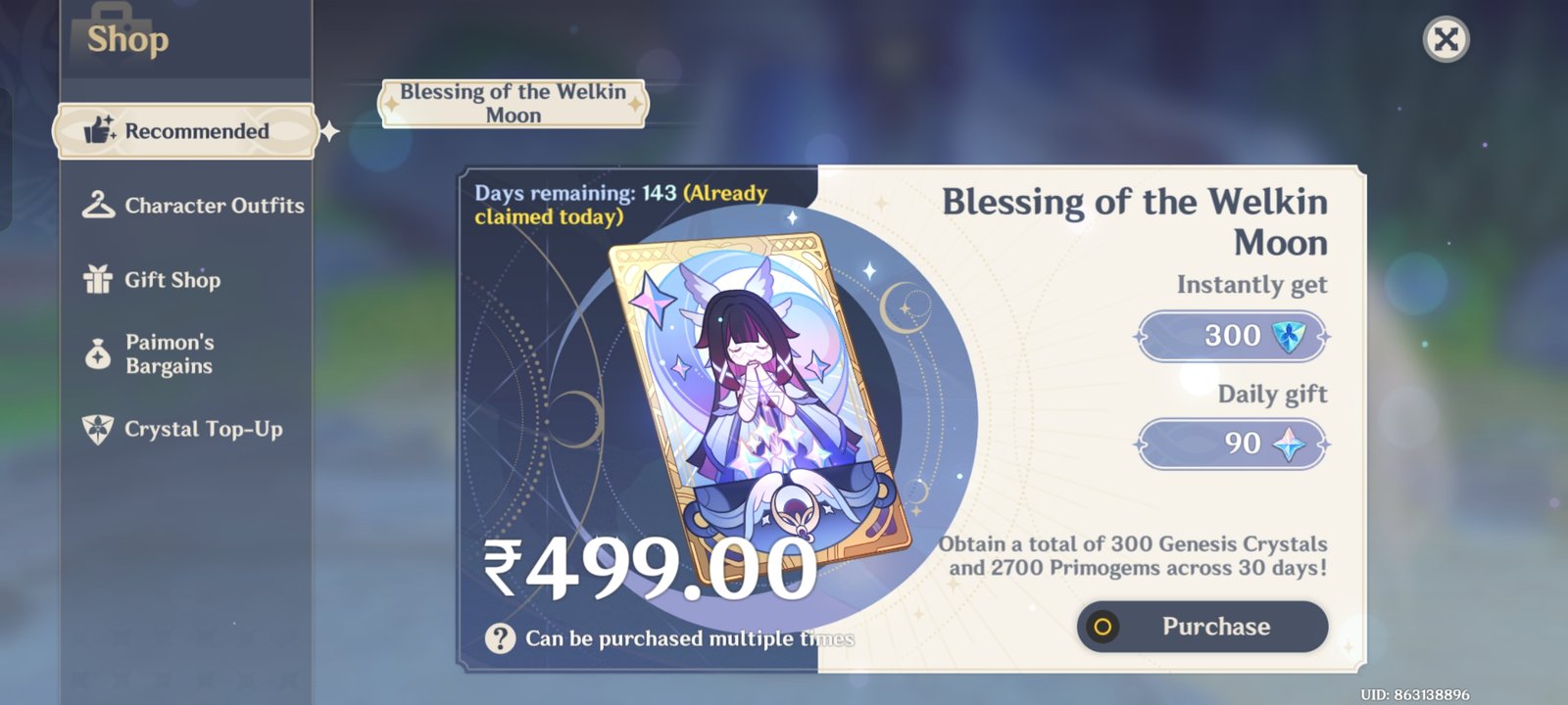 Genshin Impact - Blessing of the Welkin Moon [UID] photo review