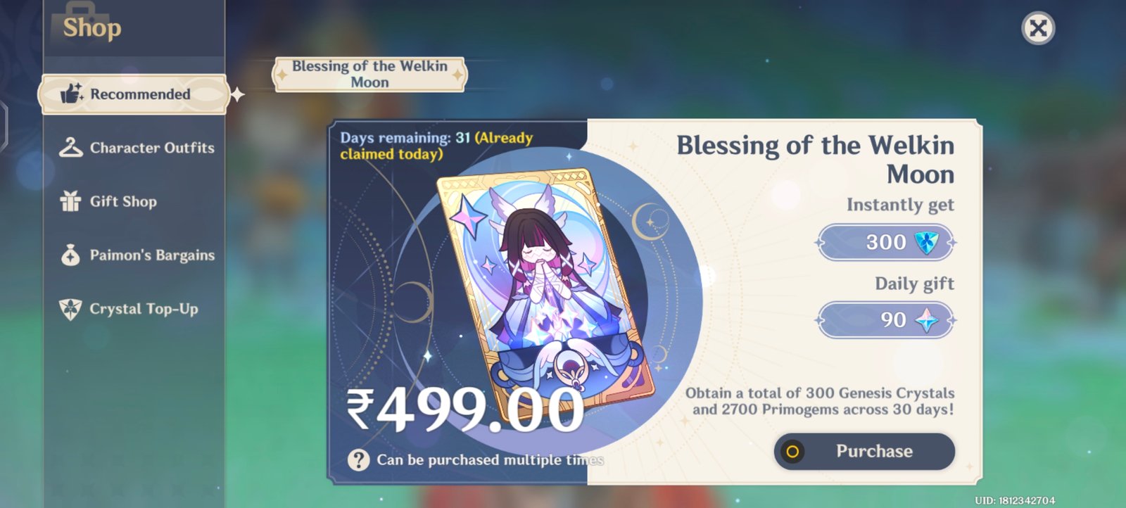 Genshin Impact - Blessing of the Welkin Moon [UID] photo review