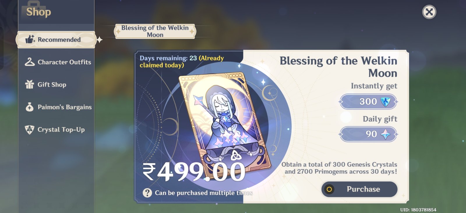 Genshin Impact - Blessing of the Welkin Moon [UID] photo review