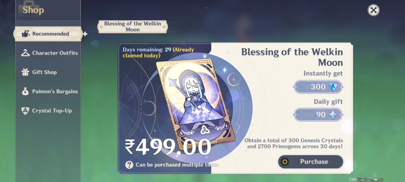 Genshin Impact - Blessing of the Welkin Moon [UID] photo review