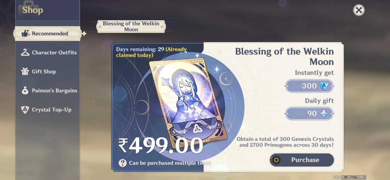 Genshin Impact - Blessing of the Welkin Moon [UID] photo review